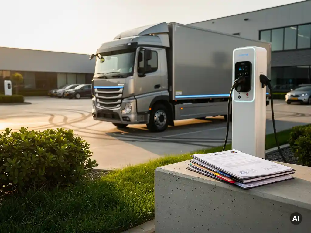 Elektrische bedrijfstruck aangesloten op laadstation met subsidiepapieren op betonnen rand, Nederlandse zakelijke locatie in middaglicht.