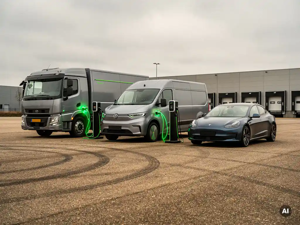Elektrische truck, bestelbus en personenauto zij aan zij opgeladen op een Nederlands logistiek terrein onder bewolkte lucht.