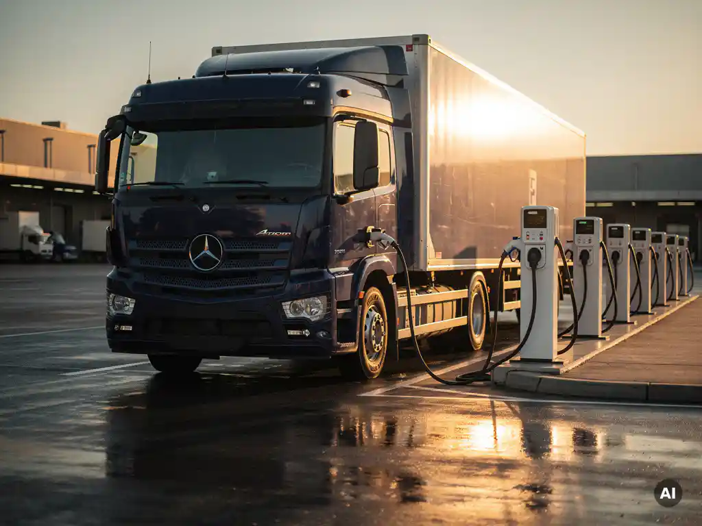 Elektrische vrachtwagen aangesloten op commercieel laadstation bij modern logistiek depot in gouden middaglicht.