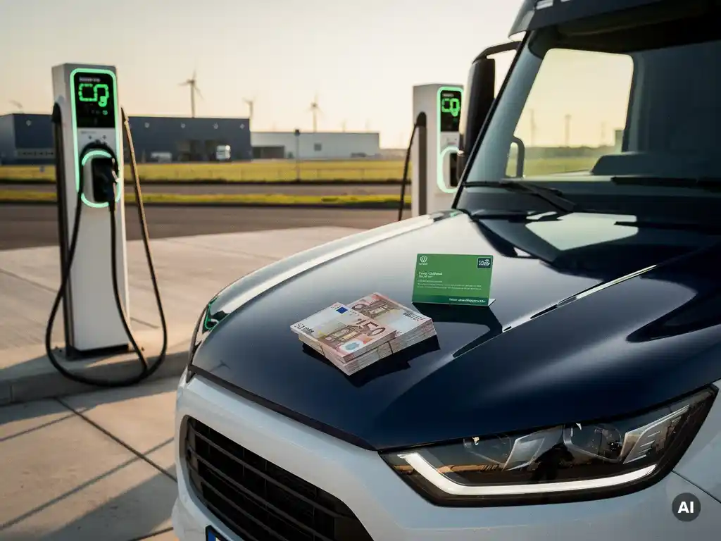 Elektrische vrachtwagen bij laadstation met eurobiljetten en groen energiecertificaat op de motorkap, Nederlandse industrie op achtergrond.