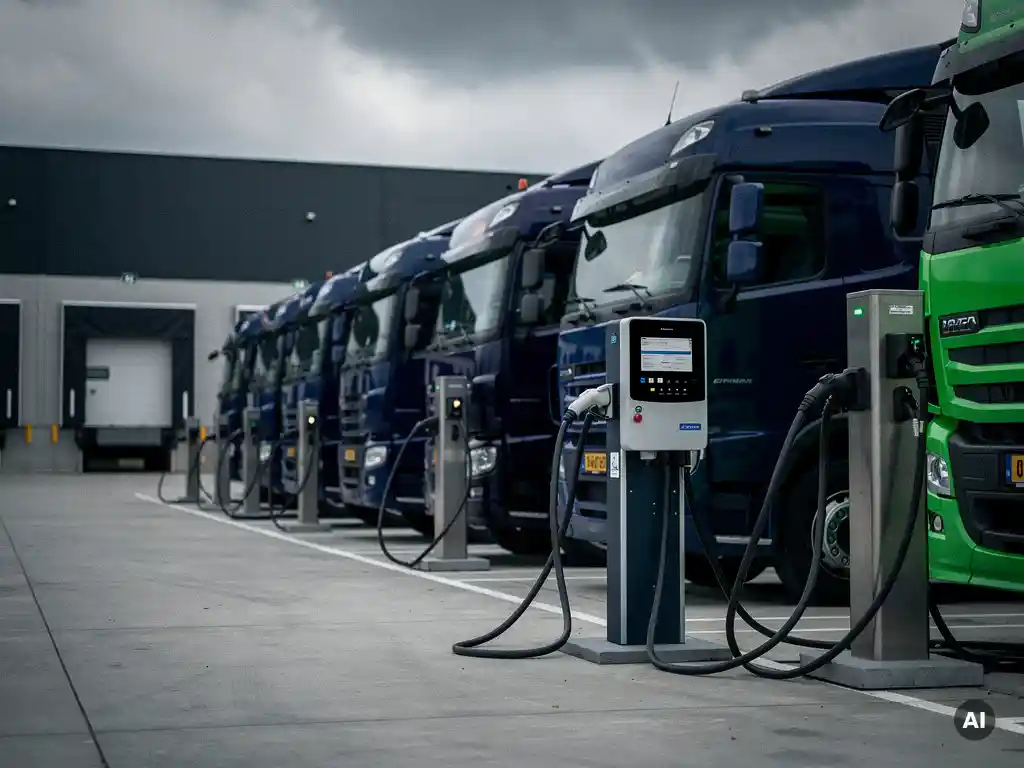 Elektrische vrachtwagens aangesloten op industriële laadpalen in een moderne Nederlandse logistieke hub met digitale energiemeters.