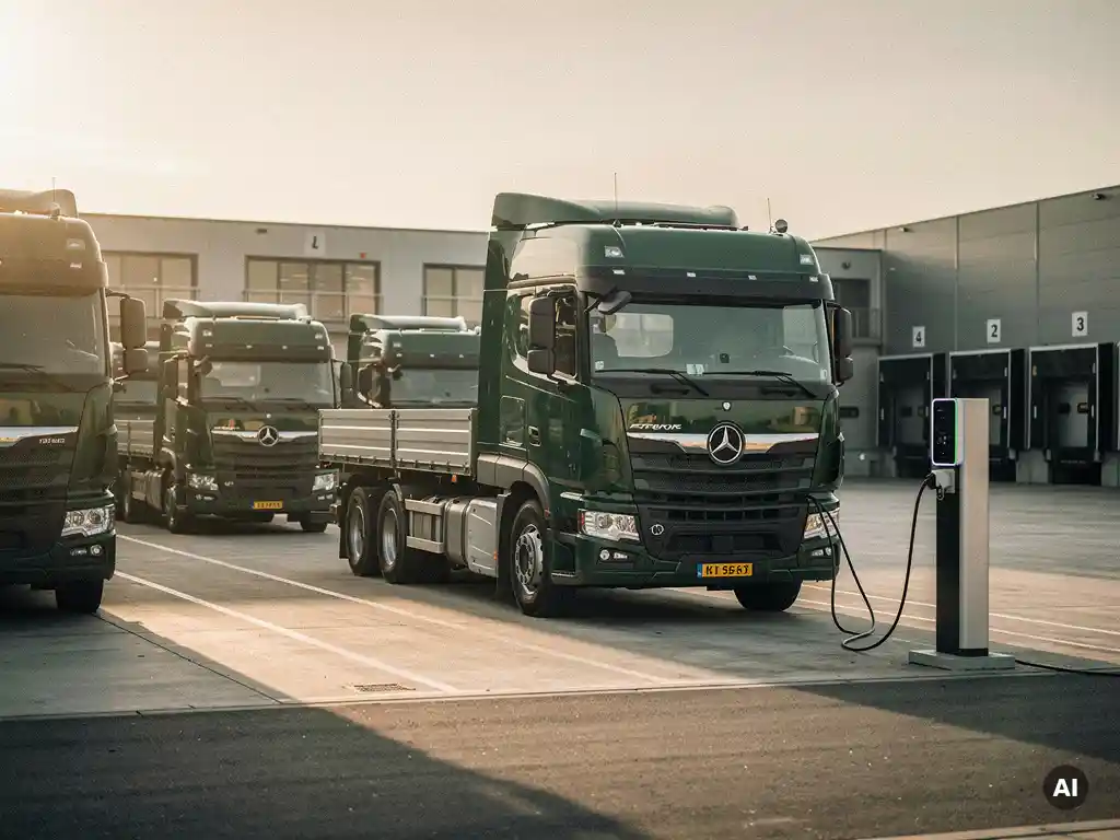 Elektrische vrachtwagen aangesloten op laadstation bij Nederlands logistiek depot in middaglicht.