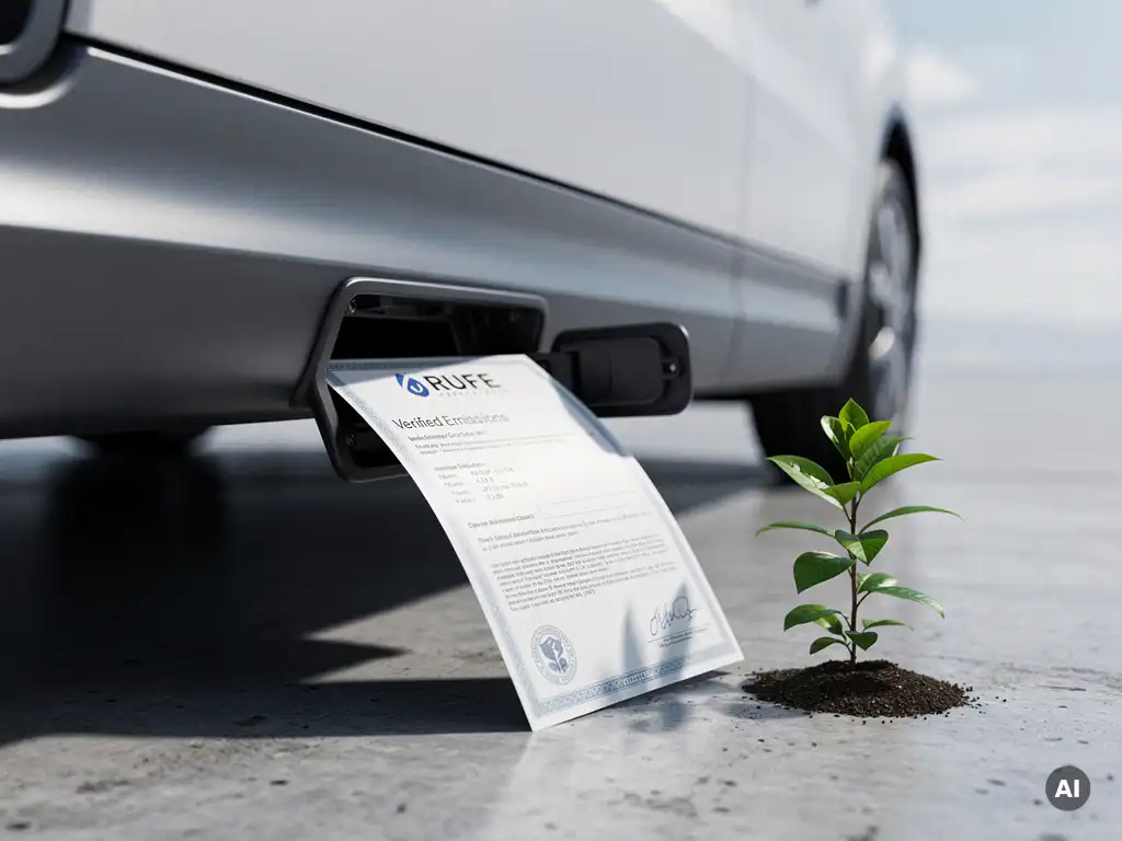 Emissiescertificaat bij laadpoort van elektrische truck, naast groen plantje op betonnen ondergrond.