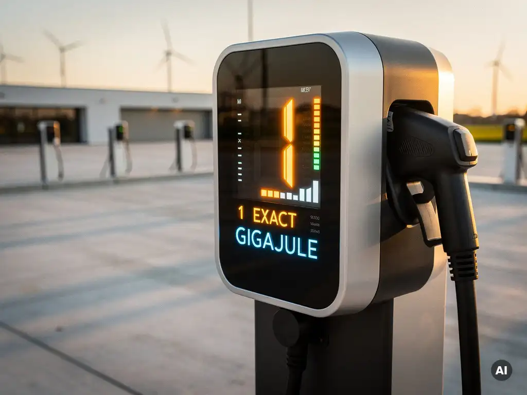 Gloeiend energiemeter op een modern laadstation toont één gigajoule, warm amberkleurig licht op beton.