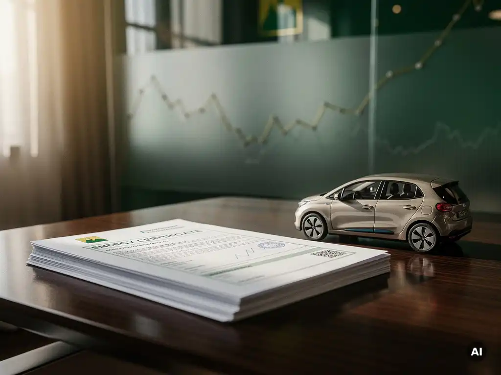 Stapel energiecertificaten op glanzend bureau naast elektrisch voertuigmodel, met marktgrafiek op matglas in moderne kantooromgeving.