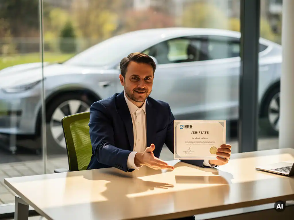 Ambtenaar overhandigt een ERE-certificaat aan een bureau, met een elektrisch voertuig zichtbaar door een raamwand op de achtergrond.