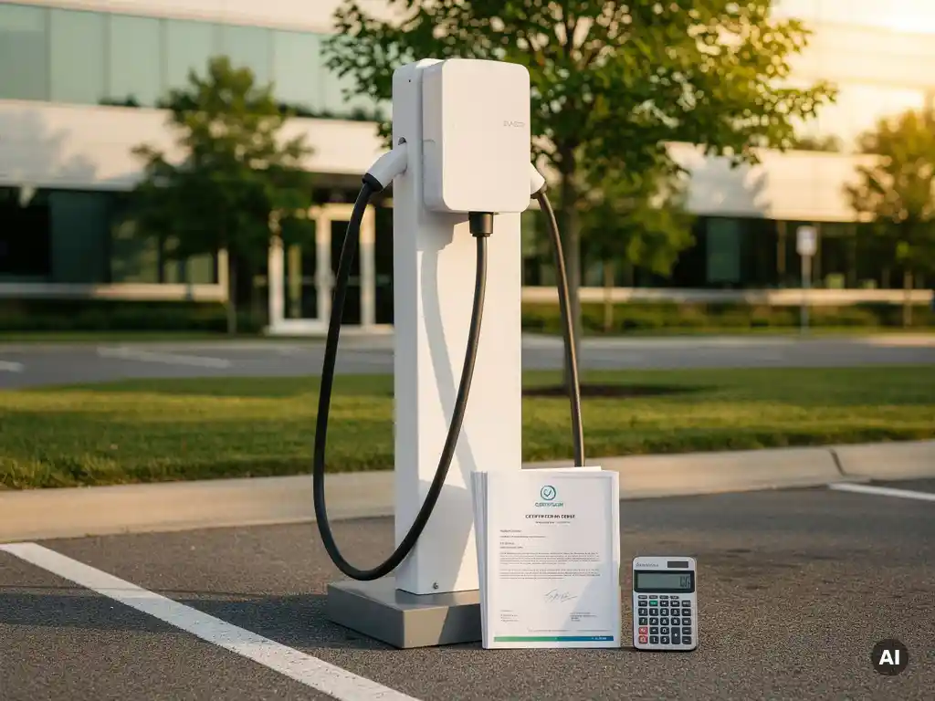 Wit EV-laadstation op bedrijfsparkeerplaats met certificeringsdocumenten en rekenmachine, omgeven door groen in middaglicht.