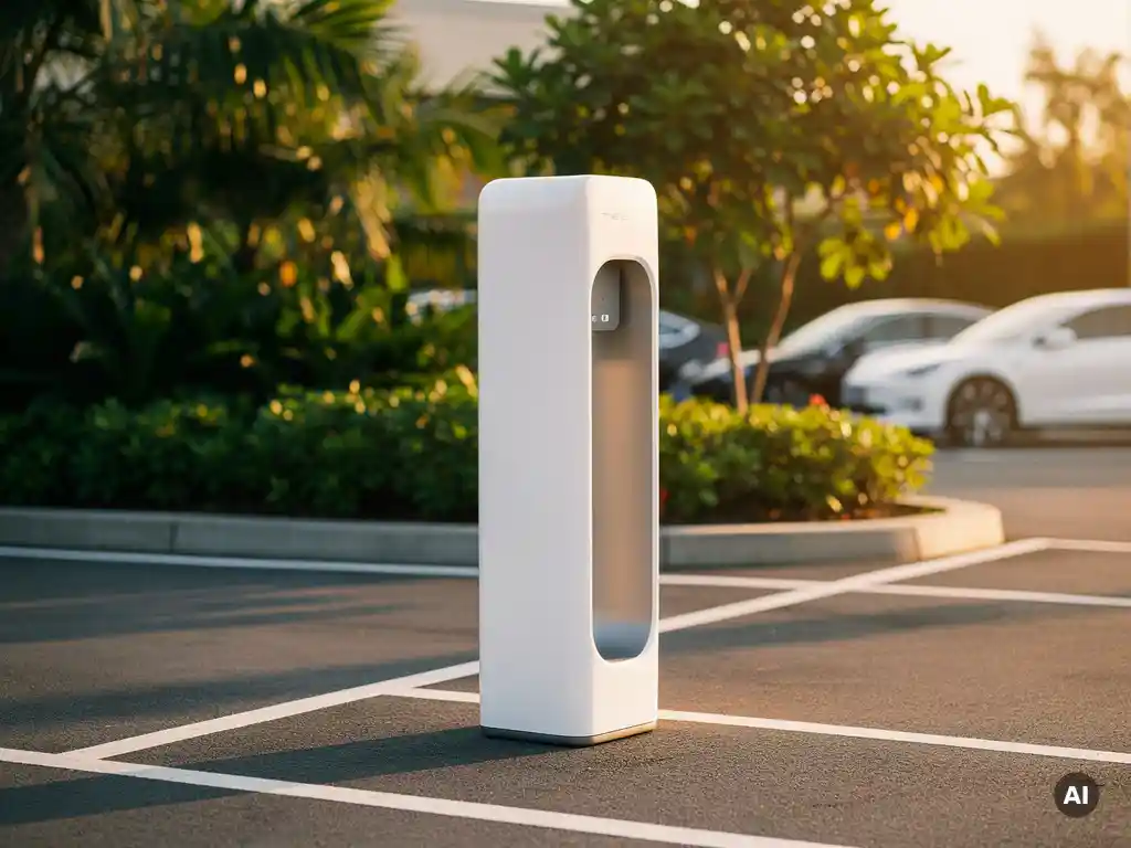 Wit EV-laadstation op commercieel parkeerterrein, omgeven door groen gebladerte in warm middaglicht.
