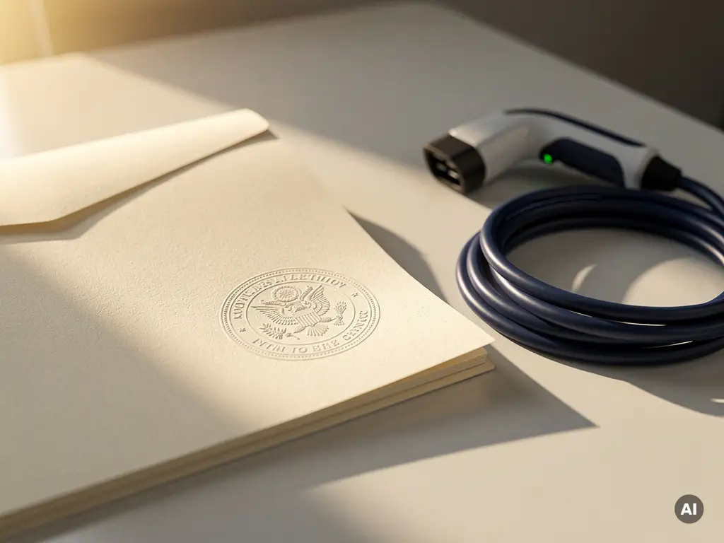 Goedgekeurd overheidsdocument met officieel zegel naast een opgerolde laadkabel voor elektrische voertuigen op een modern bureau.