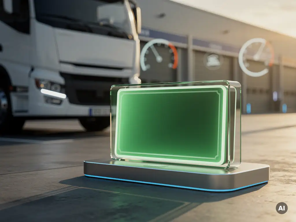 Groen oplaadbewijs op laadstation naast elektrische vrachtwagen bij Nederlands logistiek depot in middaglicht.