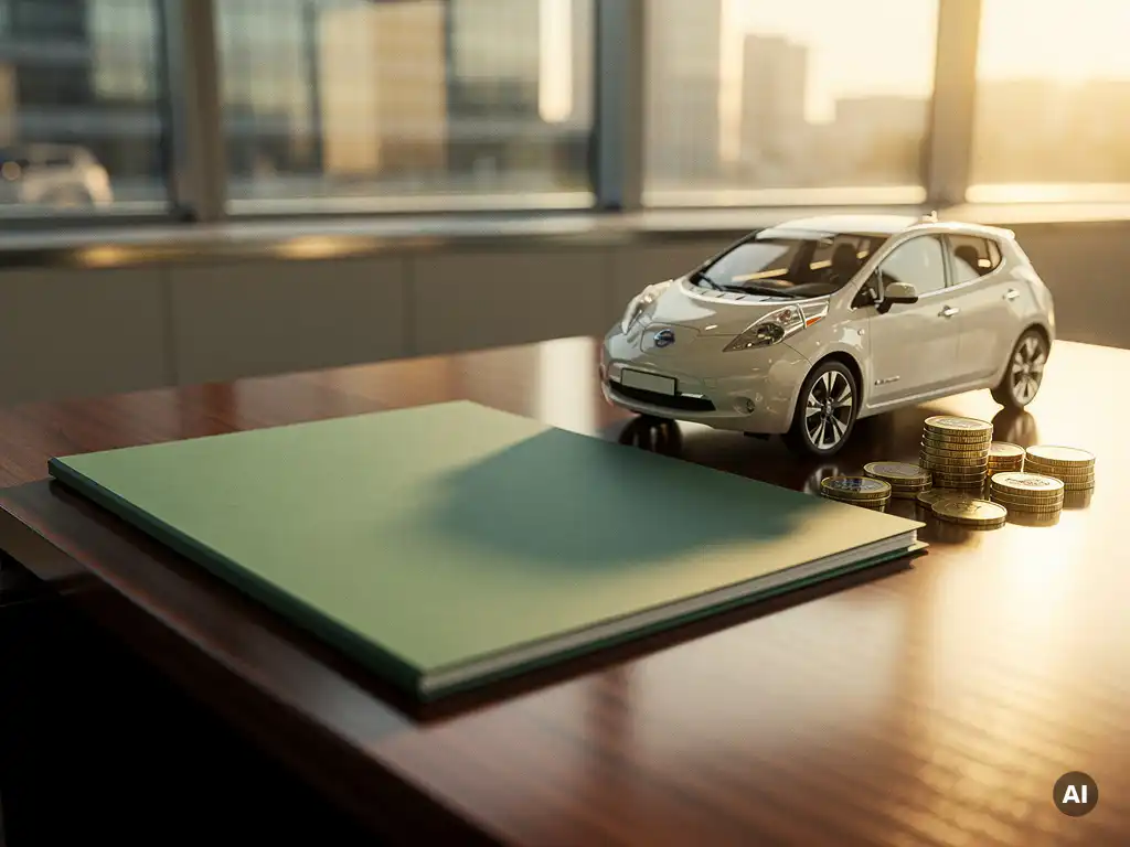 Gecertificeerd groen energiedocument op bureau naast elektrisch automodel en euromunten in warm kantoorlicht.
