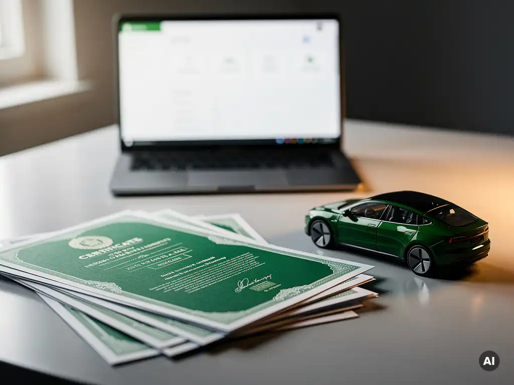 Groene energiecertificaten uitgewaaierd op modern bureau naast miniatuur elektrisch voertuig, laptop met dashboard op achtergrond.