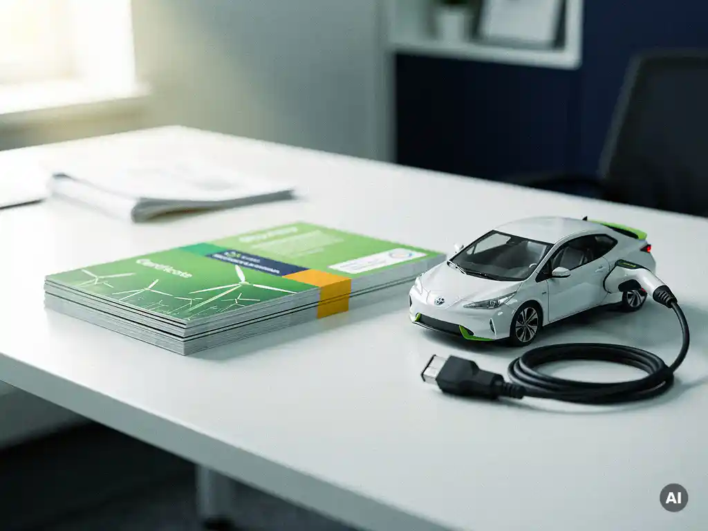 HBE groene energiecertificaten op modern bureau naast elektrisch voertuigmodel en laadkabel in kantooromgeving.