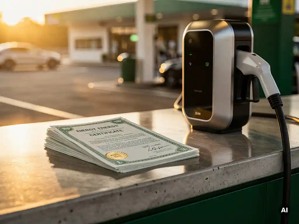 Moderne tankstationfoyer bij gouden uur met groene energiecertificaten op toonbank naast EV-laadpaal.