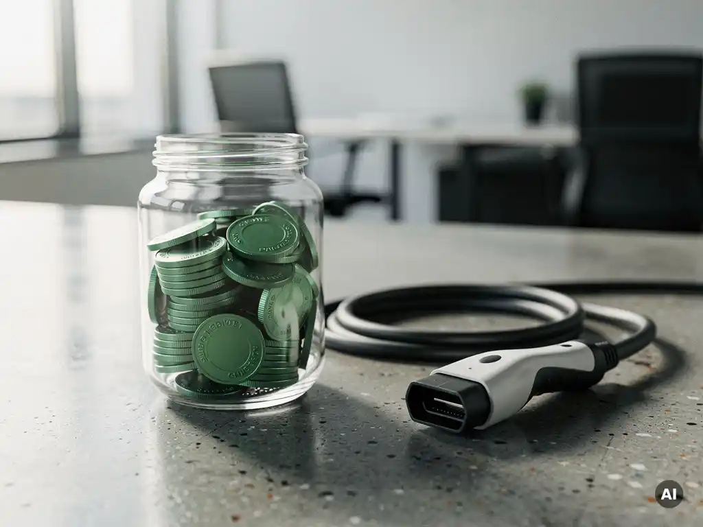 Glazen pot met groene energiekrediet-tokens naast een laadkabel voor elektrische voertuigen op gepolijst beton.