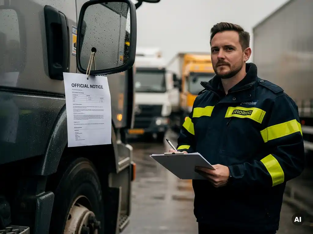 Handhavingsinspecteur met klembord naast dieselvrachtauto in Nederlandse logistieke haven, officiële kennisgeving aan zijspiegel bevestigd.