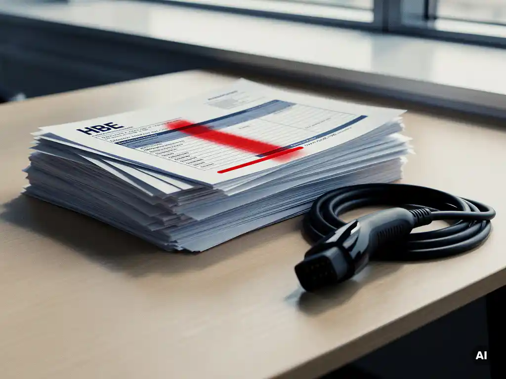 Stapel HBE-administratiepapieren op bureaublad met rode correctiemark, naast opgerolde laadkabel voor elektrisch rijden.