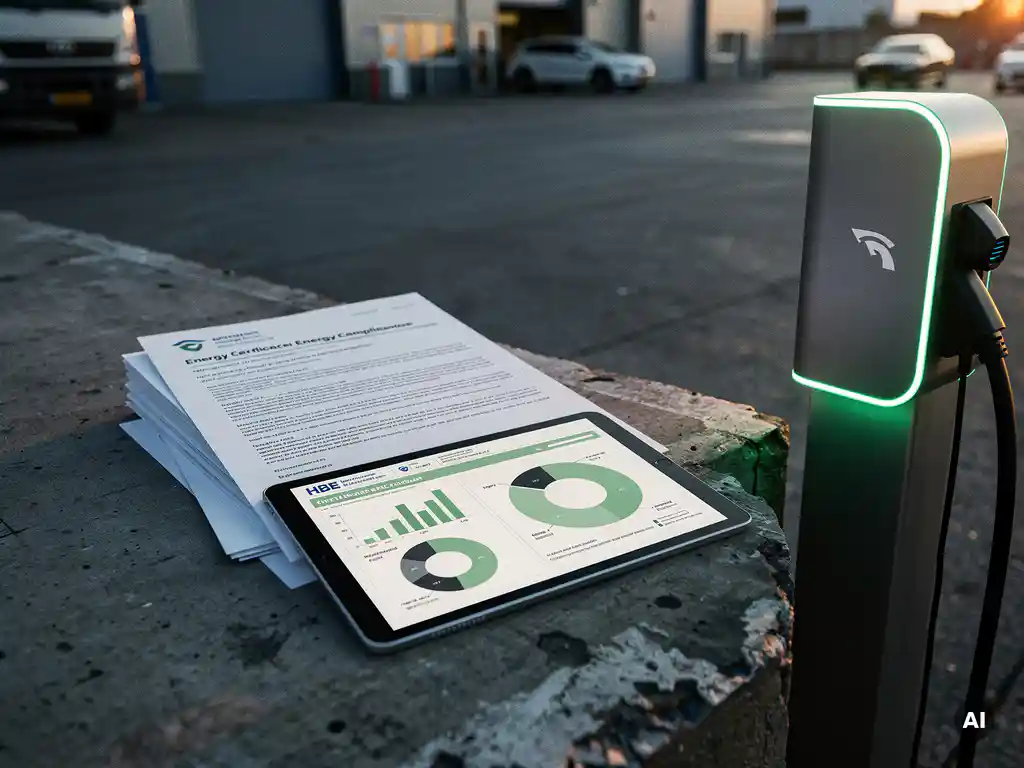 Stapel HBE-compliance documenten naast een actief EV-laadstation op een Nederlands logistiek depot, tablet met energiedata op beton.