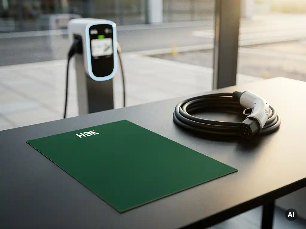 HBE-certificaat op modern bureau naast opgerold laadkabel voor elektrisch voertuig, met laadstation zichtbaar op achtergrond.