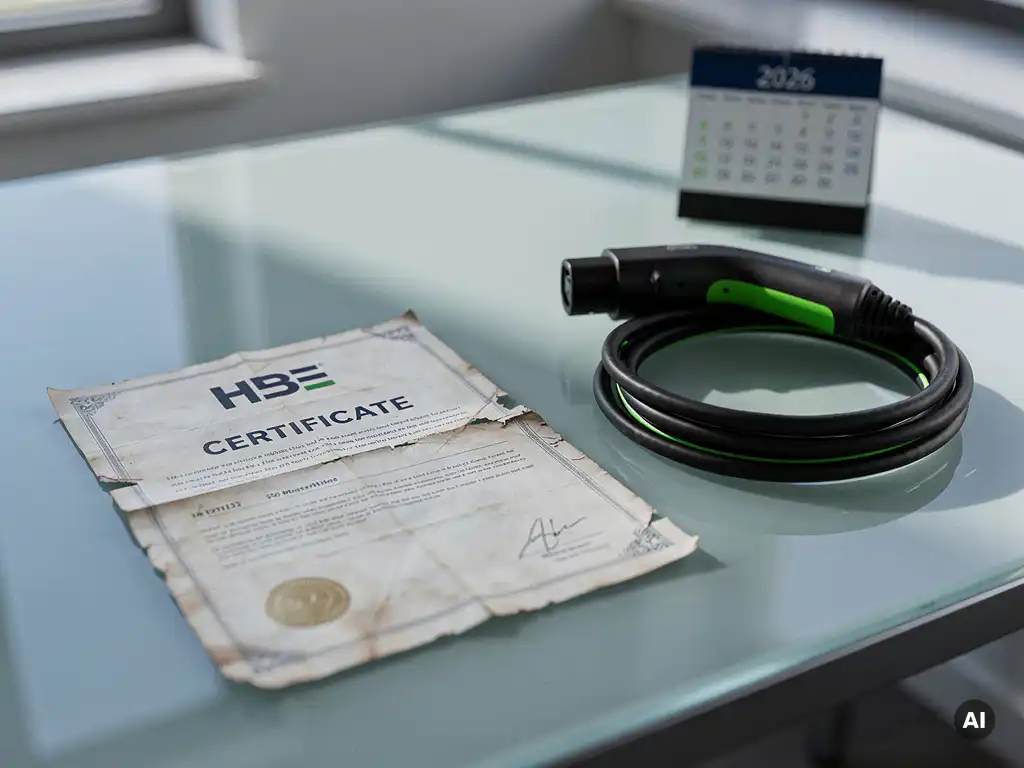 HBE-certificaat op glazen bureau naast opgerolde laadkabel voor elektrisch voertuig, kalender 2026 op de achtergrond.