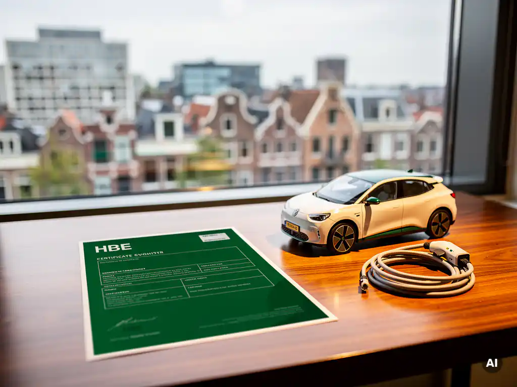 HBE-certificaat op bureau naast elektrisch automodel en laadkabel, met Nederlandse stadshorizon op de achtergrond.