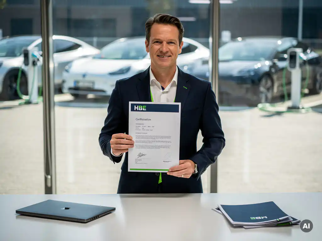 Energiebedrijf-directeur houdt HBE-certificaat vast aan modern bureau, met elektrische voertuigen en laadinfrastructuur op de achtergrond.