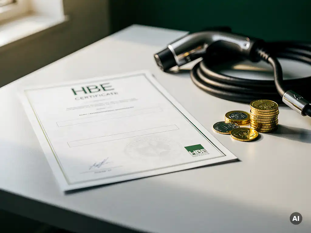 HBE-certificaat op modern bureau naast euromunten en opgerolde laadkabel voor elektrisch voertuig.