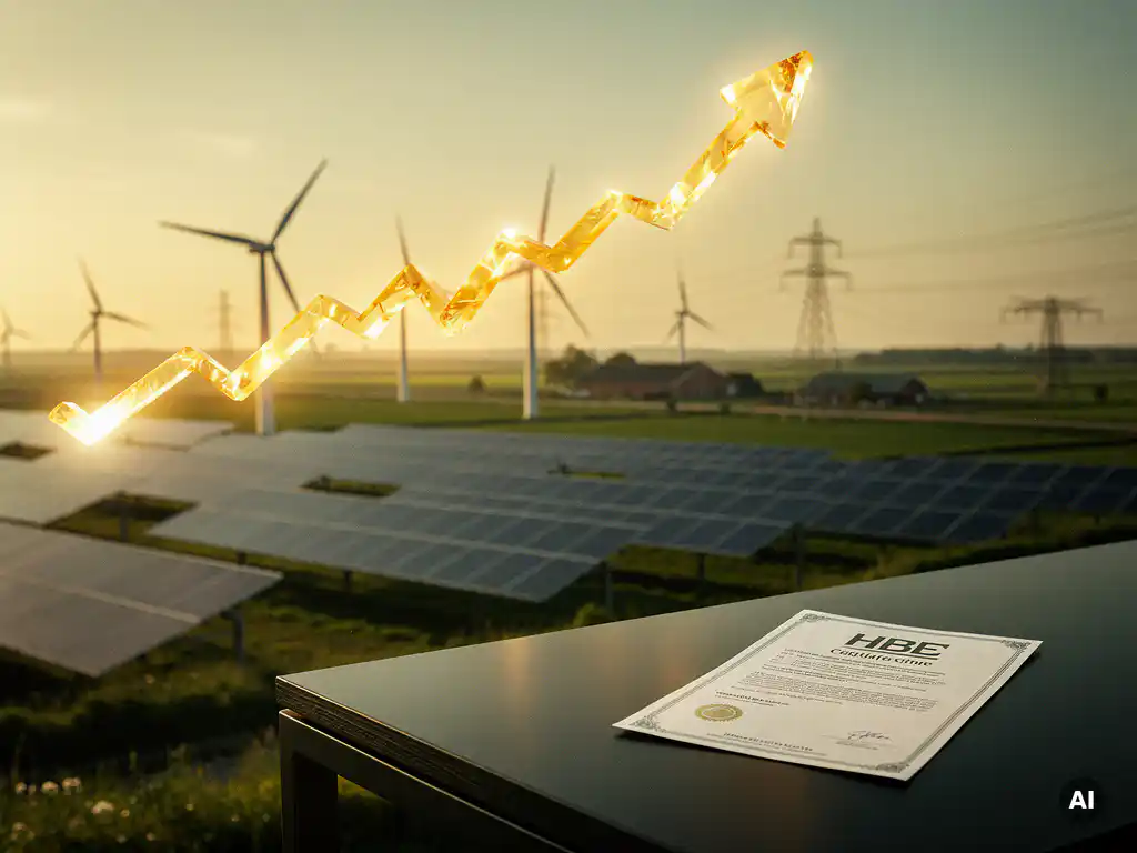 Stijgende HBE-certificaatprijs op bureau voor windturbines en zonnepanelen in Nederlands landschap bij gouden uur.
