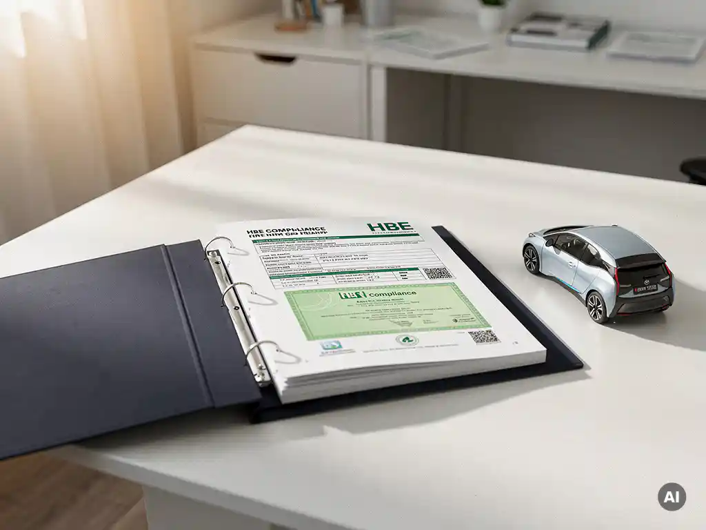 Open auditmap met HBE-nalevingsdocumenten en groene energiecertificaten naast een elektrisch automodel op een zakelijk bureau.