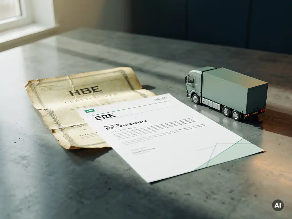 Verouderd HBE-certificaat naast modern ERE-nalevingsdocument op betonnen bureau, met miniatuur elektrische vrachtwagen.