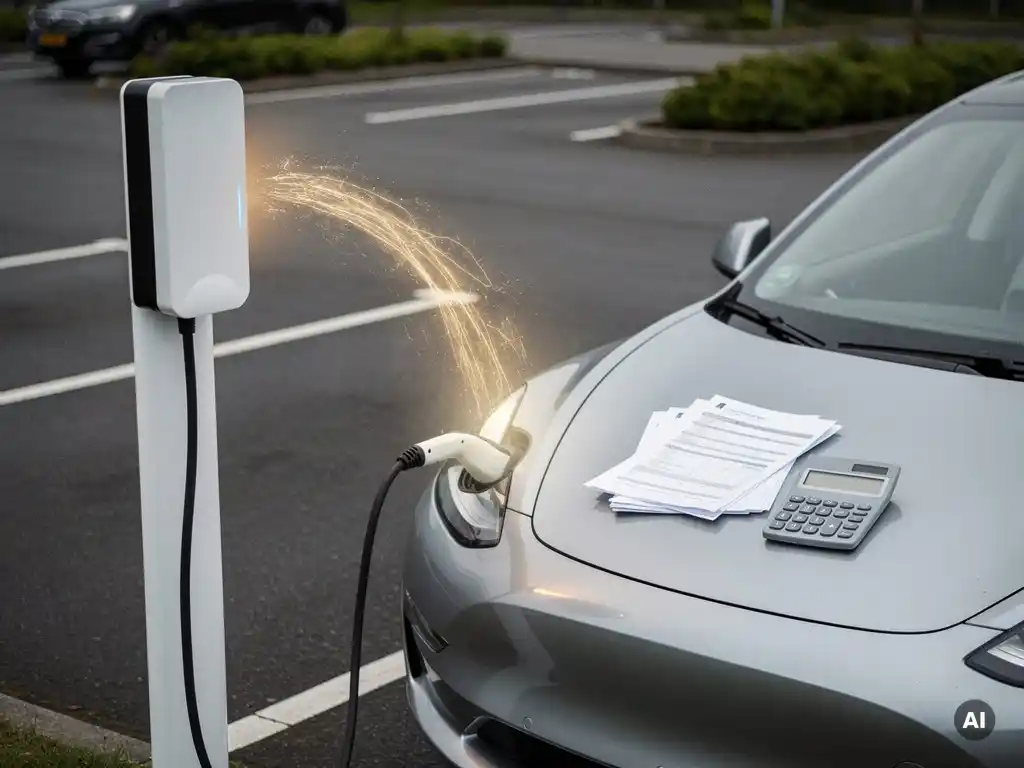 Wit EV-laadstation op commercieel parkeerterrein met elektrisch voertuig, financiële documenten en rekenmachine op de motorkap.