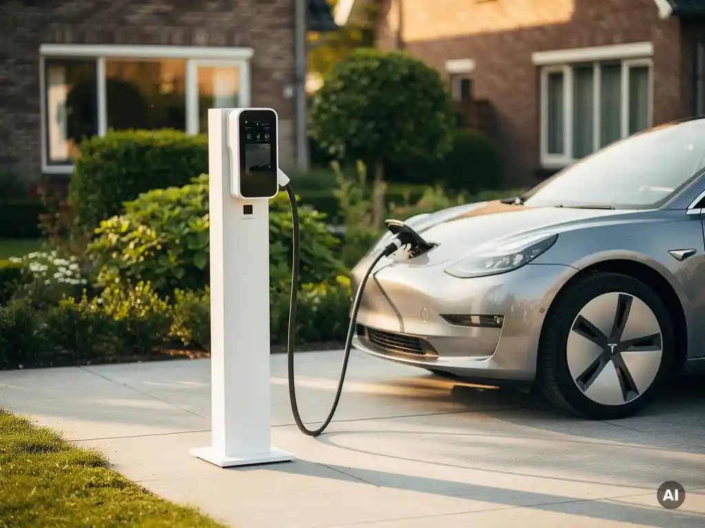 Witte laadpaal op oprit in Nederlandse woonwijk met aangesloten elektrische auto en groene tuinbeplanting op de achtergrond.