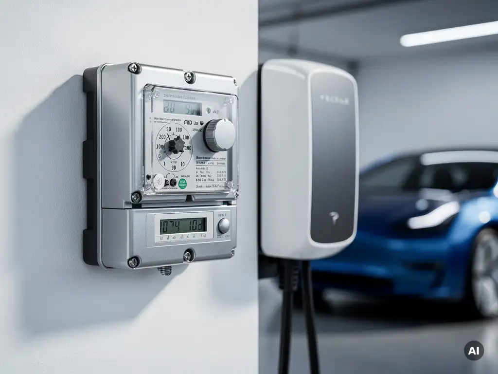 MID-gecertificeerde elektriciteitsmeter op witte muur naast een EV-laadpaal, met zichtbare kalibratiestempels en meetschijven.