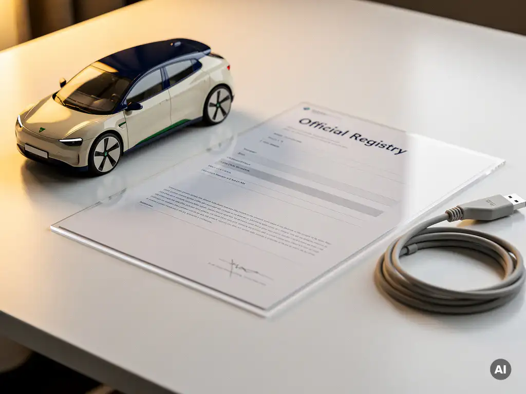 Officieel registratiedocument op wit bureau naast een elektrisch voertuigmodel en opgerolde laadkabel, warm goudkleurig licht.