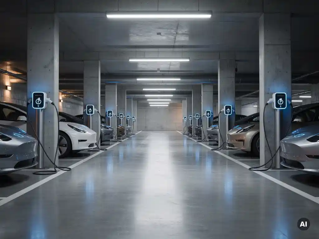 Ondergrondse parkeergarage met rijen elektrische voertuigen aangesloten op blauwe EV-laadstations langs betonnen pilaren.