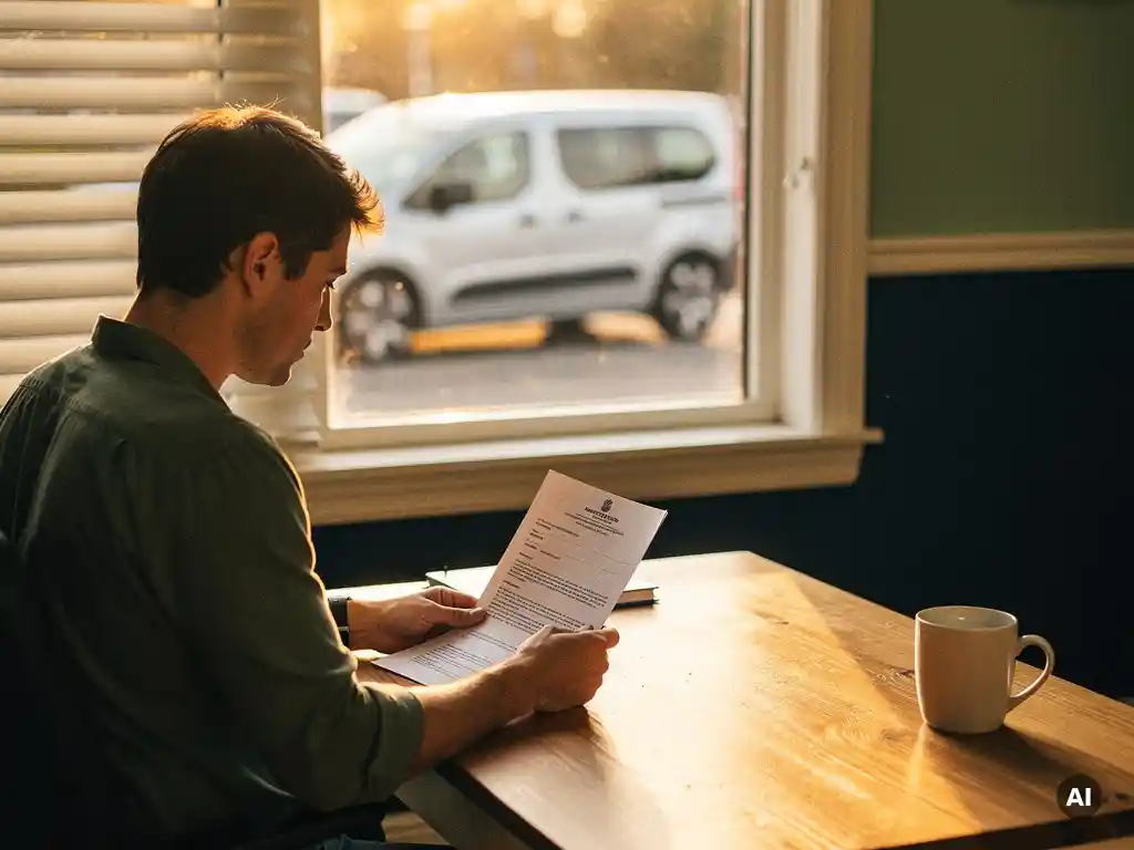 Kleine ondernemer bestudeert officieel overheidsdocument aan houten bureau, elektrische bestelbus zichtbaar door raam op de achtergrond.
