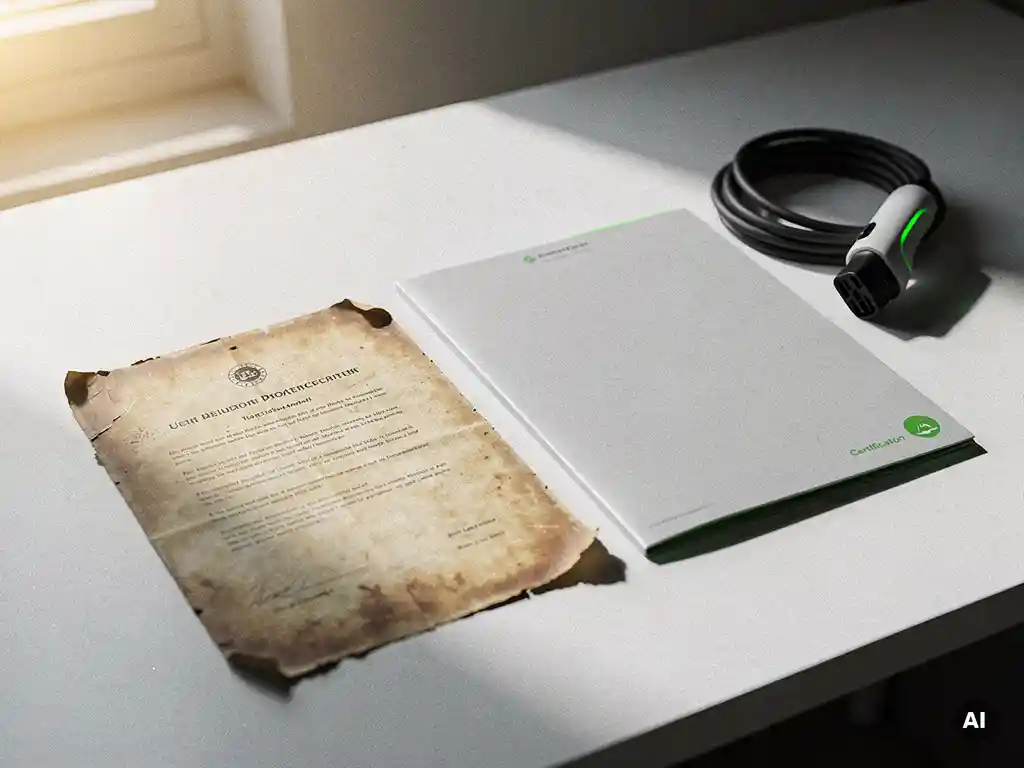 Vervaagd papieren document dat overgaat in een moderne certificeringsmap op wit bureau, met een elektrische laadkabel en natuurlijk daglicht.
