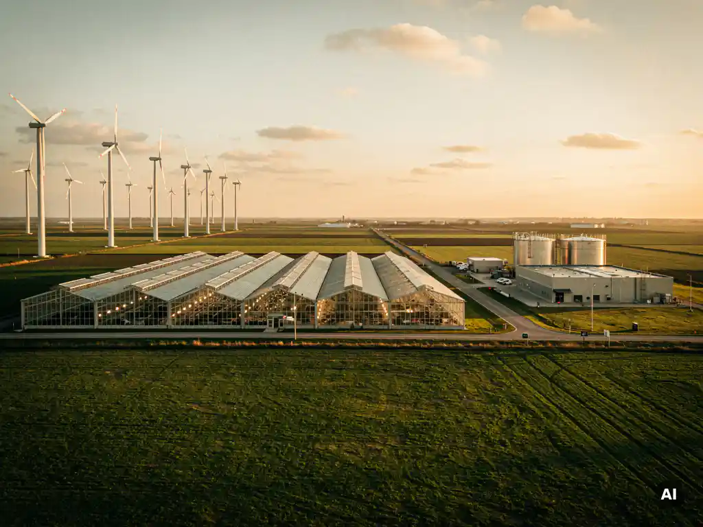 Windpark, kassencomplex en brandstofopslag in een vlak Nederlands polderlandschap tijdens het gouden uur, met warme amberkleurige tinten en lange schaduwen.