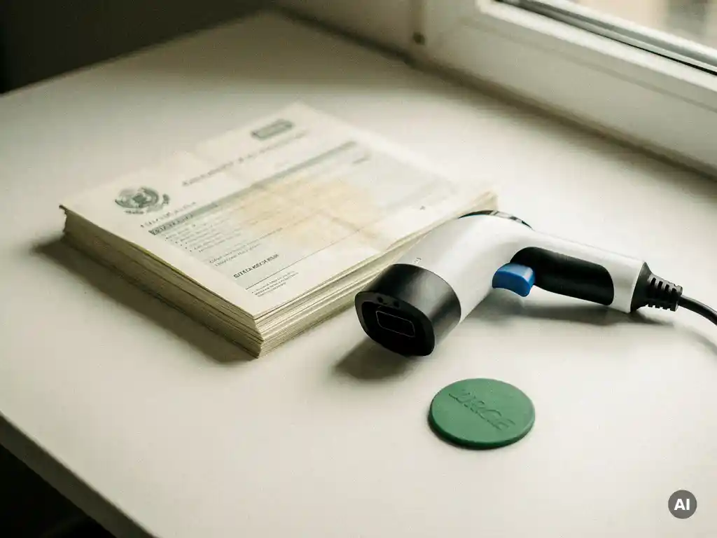 Officiële registratiedocumenten naast een EV-laadconnector op wit bureau, met groen certificeringsbadge in natuurlijk licht.