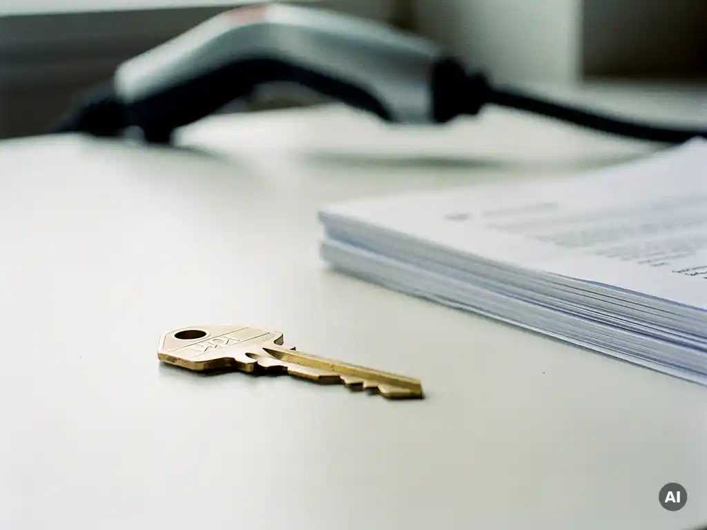 Messing sleutel op wit bureau naast officiële documenten, met een elektrische laadkabel op de achtergrond.