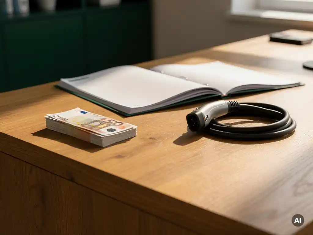 Euro bankbiljetten en administratiemap op eiken bureau naast opgerolde laadkabel voor elektrisch voertuig.