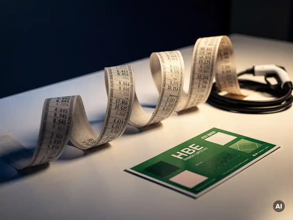 Ticker tape met grillige koerspieken naast een groen HBE-certificaat en opgerolde laadkabel voor elektrisch rijden.