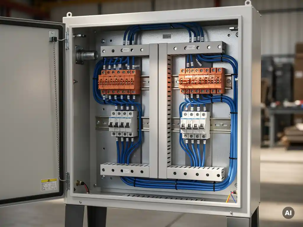 Open elektrische verdeelkast op een bouwplaats met twee bekabelingsconfiguraties, koperen connectors en industrieel kabelbeheer.