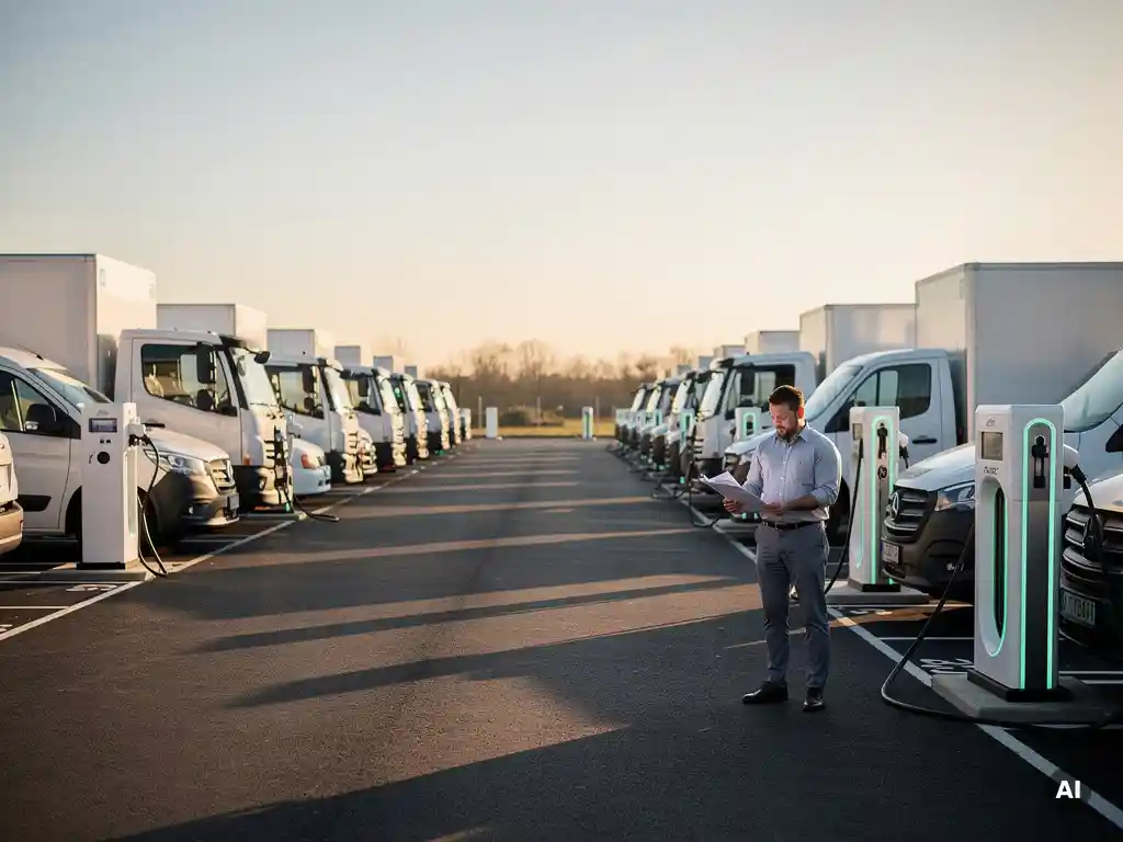 Vlootbeheerder controleert papierwerk bij witte laadstations waar elektrische vrachtwagens en bestelwagens opladen in gouden middaglicht.