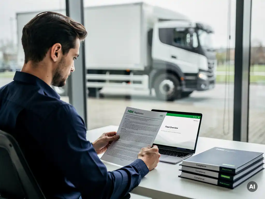 Vlootbeheerder bestudeert HBE-registratiedocument aan modern bureau, met elektrische vrachtwagen zichtbaar door kantoorvenster.