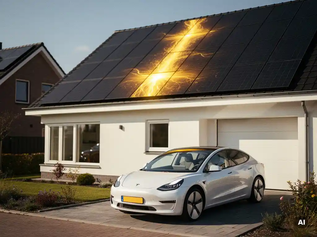 Zwarte zonnepanelen op een woonhuisdak in Nederland, met een witte elektrische auto op de oprit eronder.