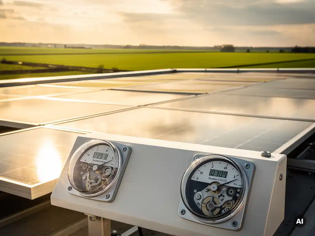 Zonnepanelenarray op Nederlands commercieel dak met energiemeters die verdubbelde opbrengst tonen, omringd door groene weiden.