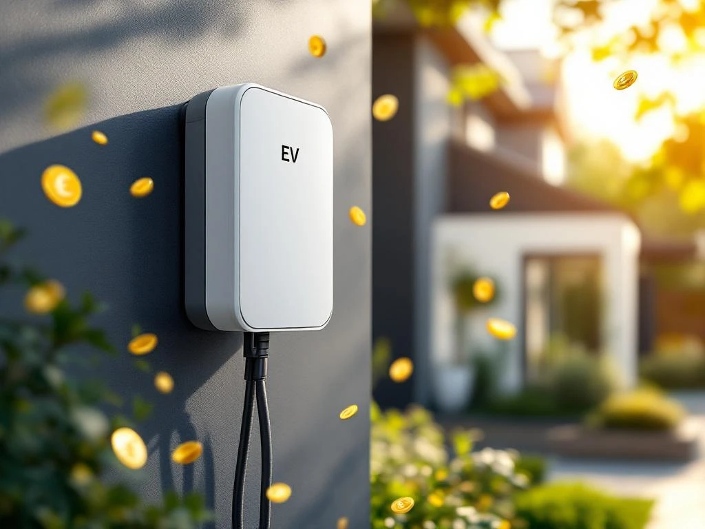 Witte laadpaal voor elektrische auto met euro-munten, symboliseert subsidie voor thuisladen in Nederland