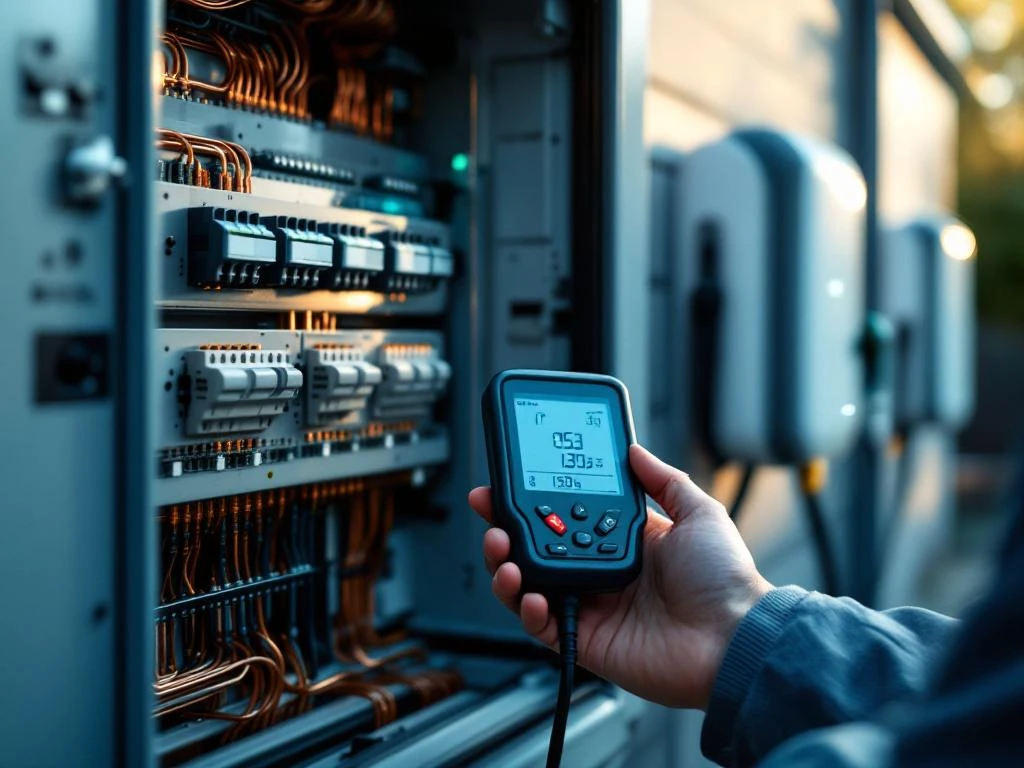 Elektricien controleert meterkast met digitale meter, laadpaal zichtbaar op achtergrond voor elektrische auto