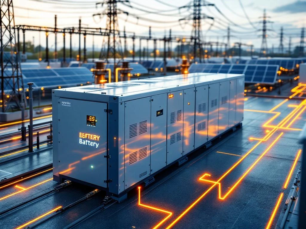 Industrieel batterijbuffersysteem met stroomvisualisatie op faciliteit met zonnepanelen en transformatoren